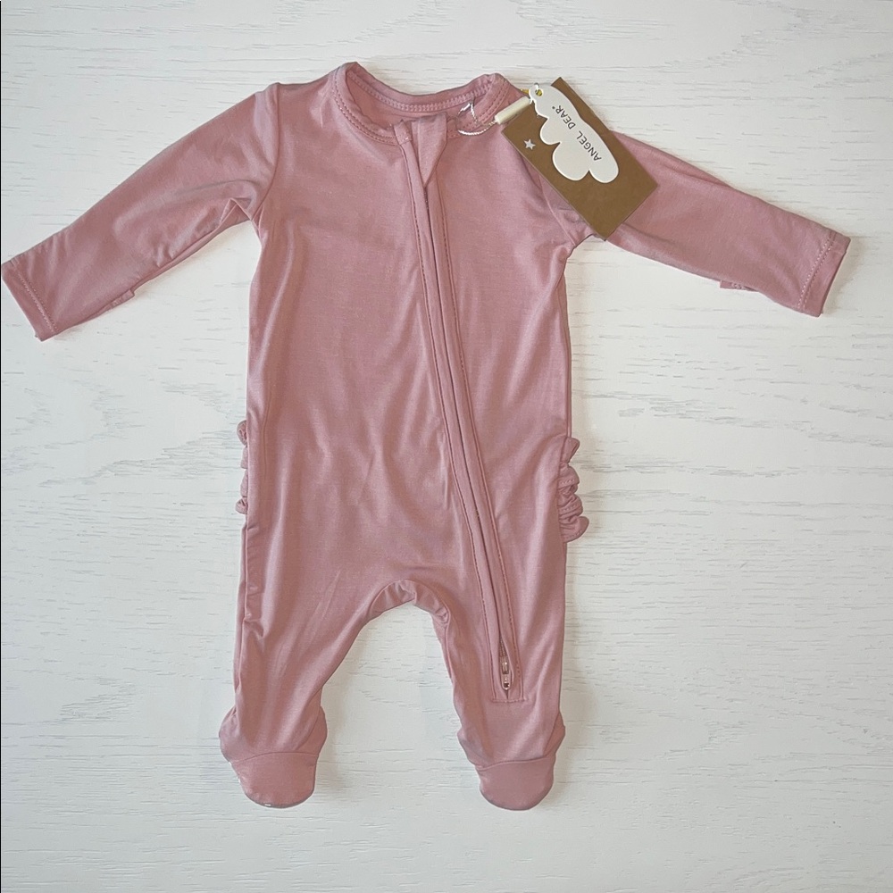 Angel Dear Solid Rose Ruffle Back Bamboo Footie Newborn 0-3 3-6 6-9 months